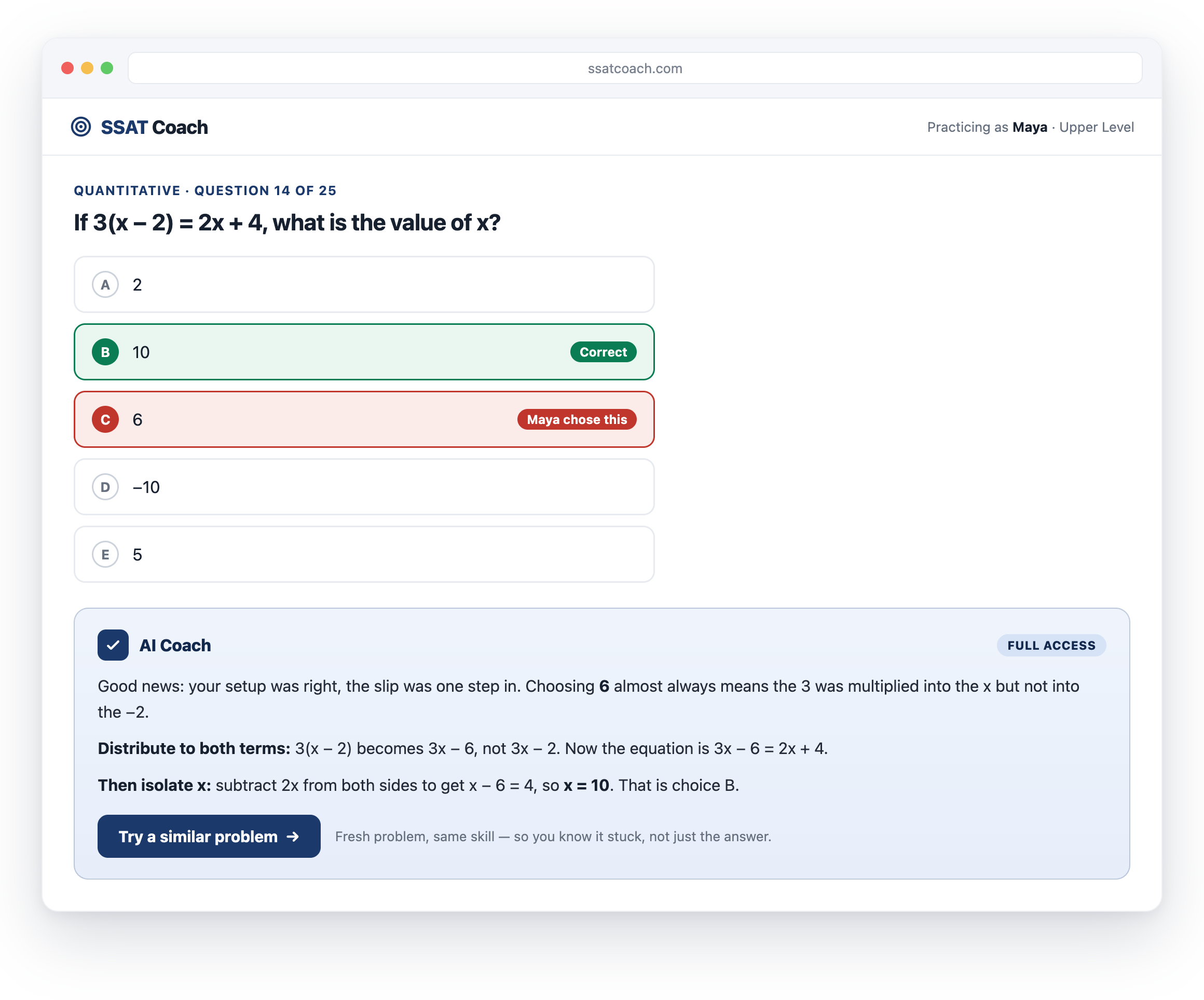 AI Coach walkthrough explaining a missed algebra question, with a Try a similar problem button