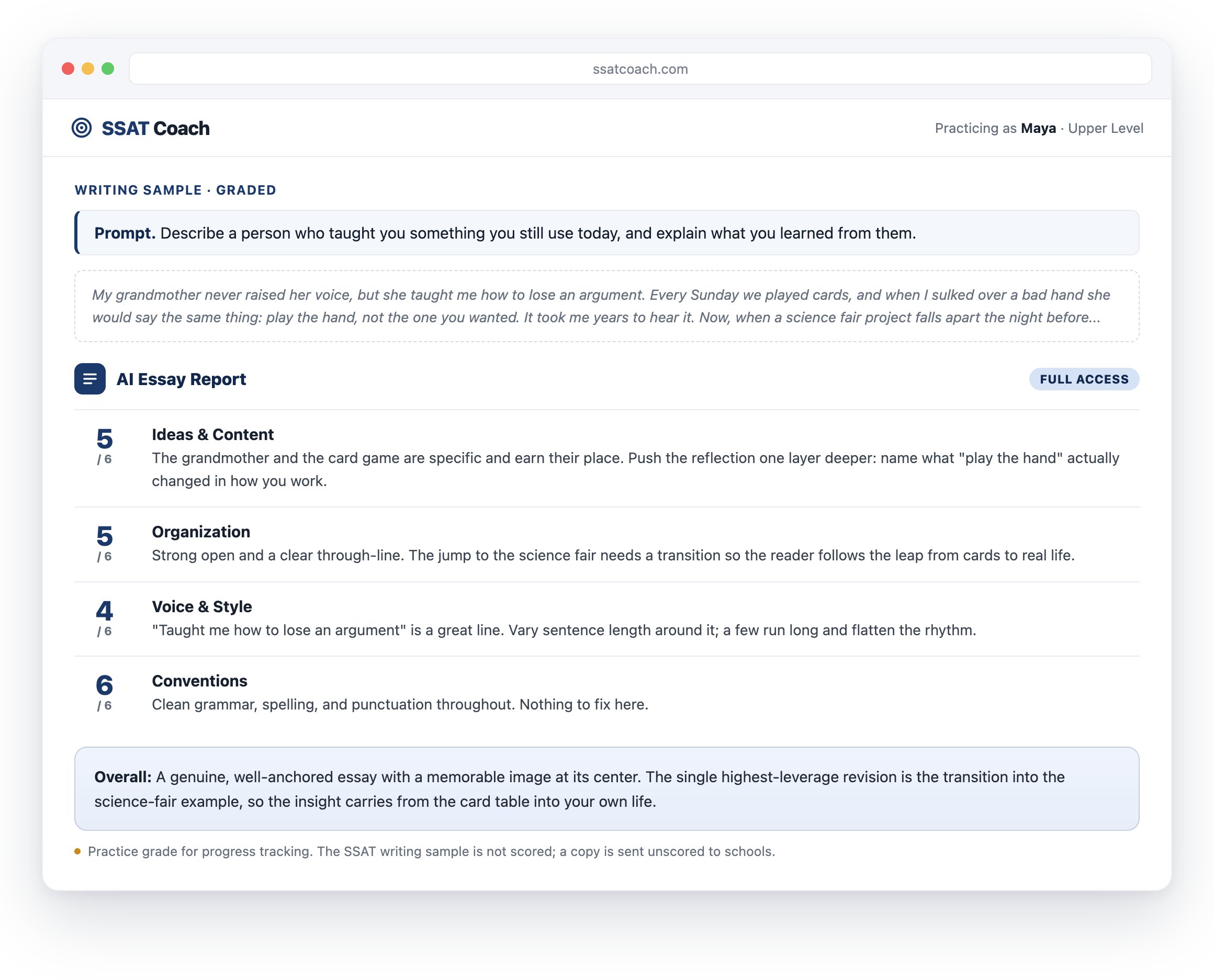AI essay report scoring a sample writing sample across four rubric dimensions with written feedback